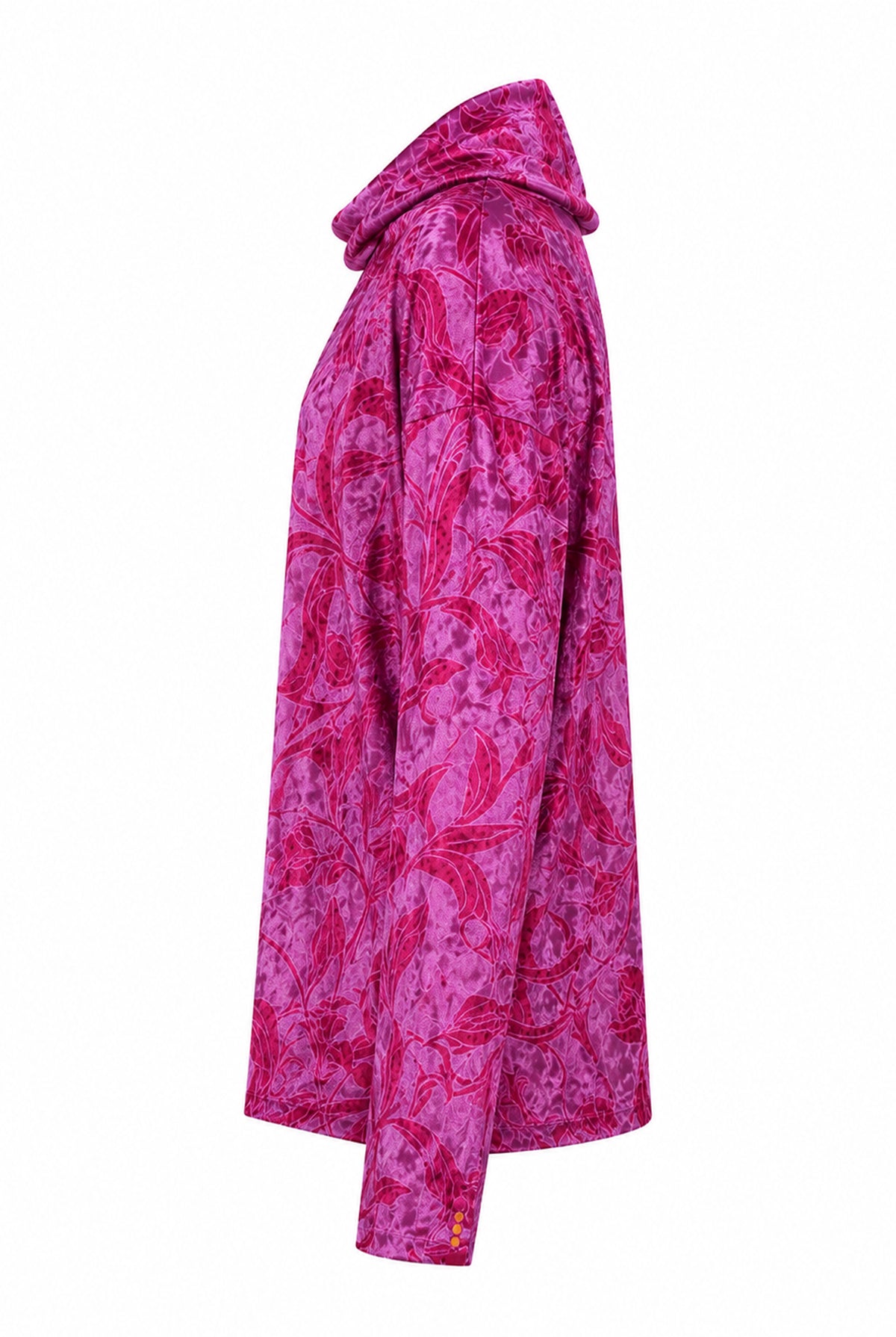 Velvet floral print top with cowl neck, side view.