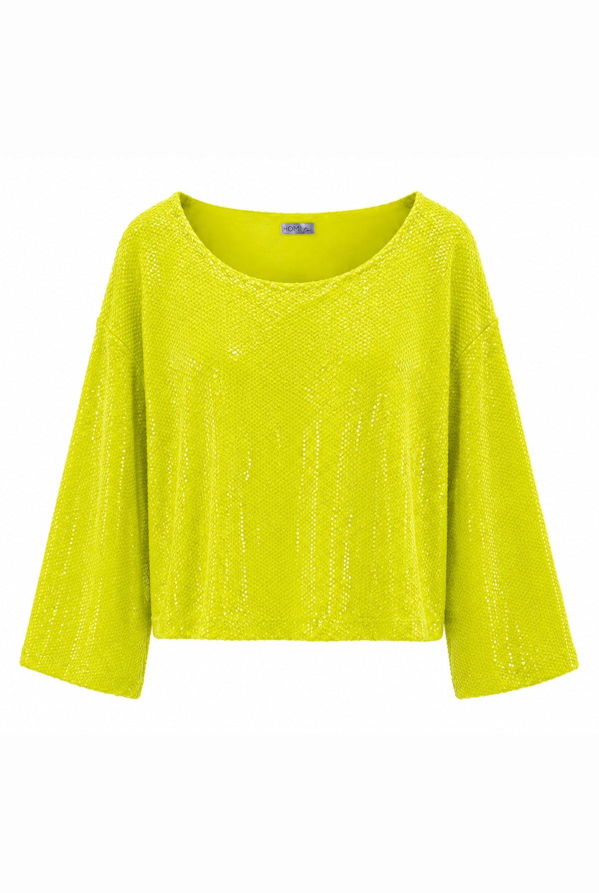Lime green sequin knit top with wide sleeves, front view.