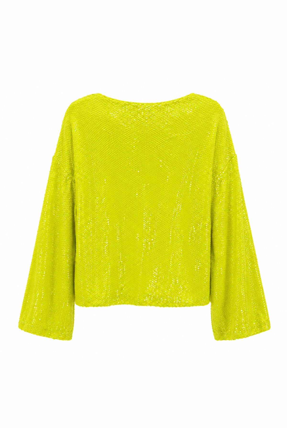 Lime green sequin knit top with wide sleeves, back view.