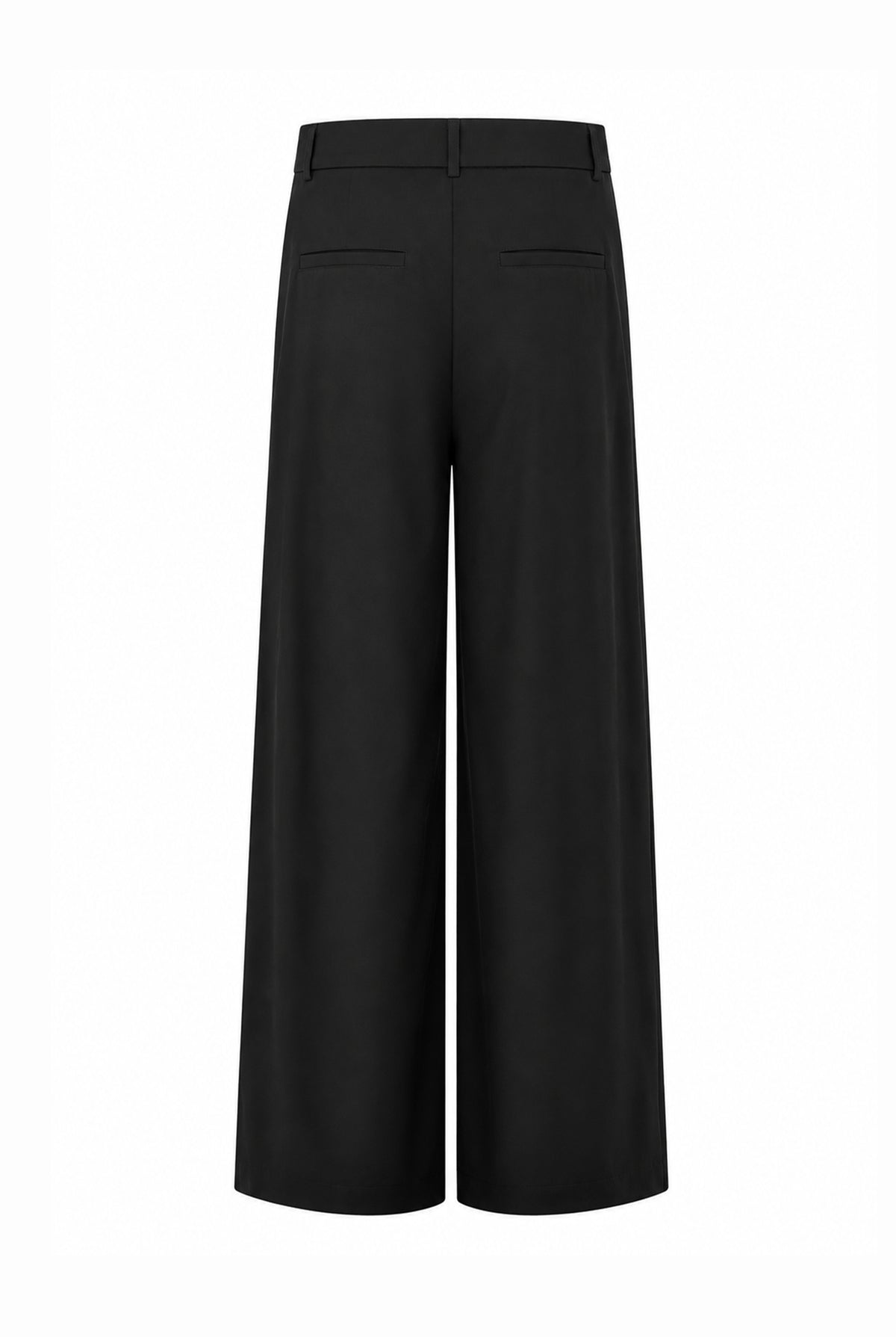 Black wide-leg trousers, back view.