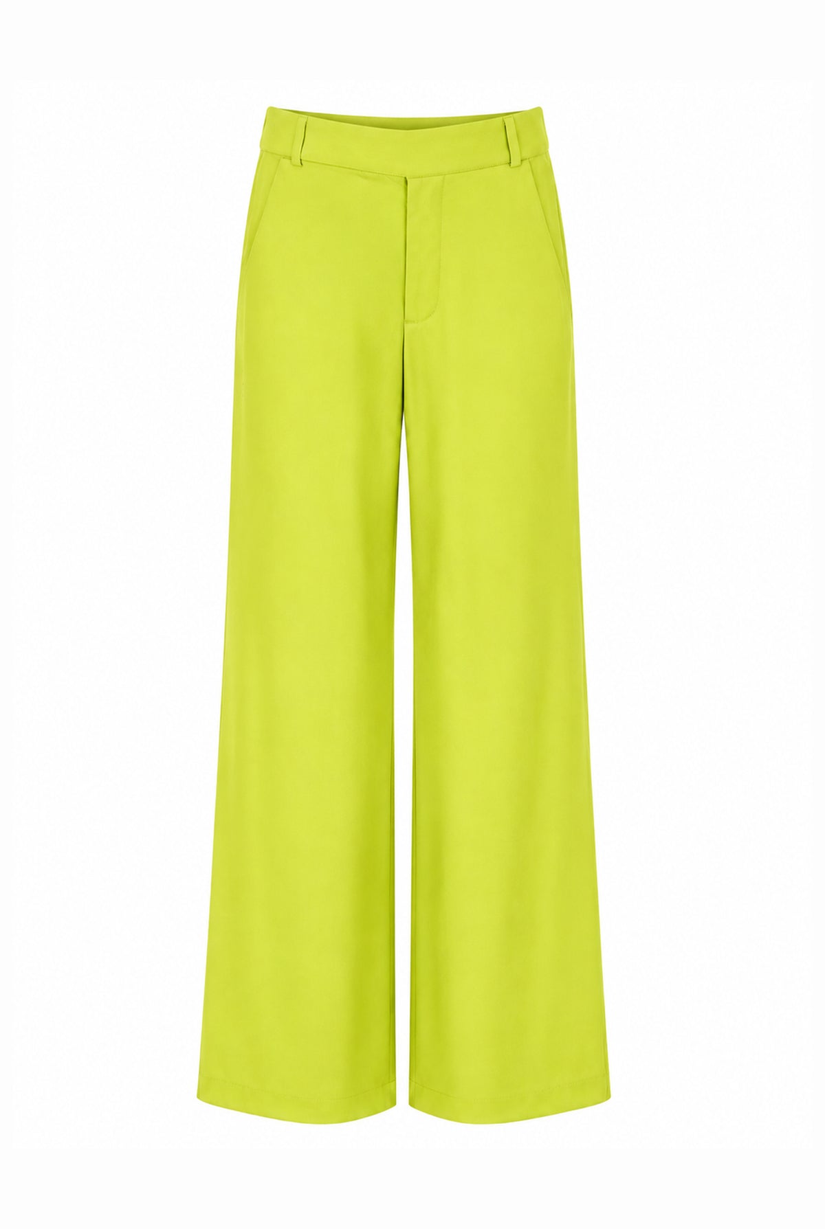 Lime green wide-leg trousers, front view.