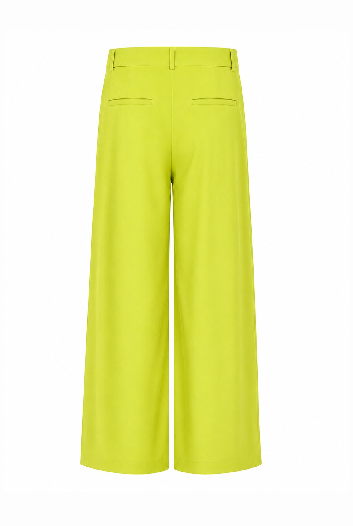 Lime green wide-leg trousers, back view.