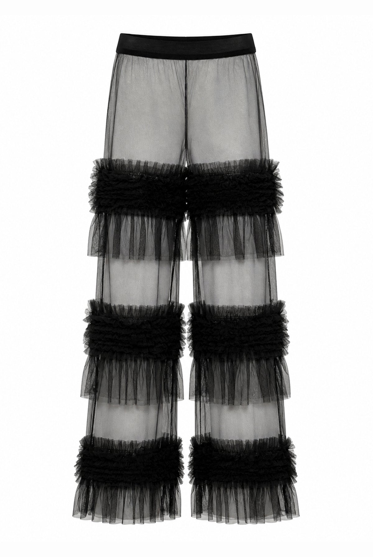 Black tulle trousers with ruffled details.