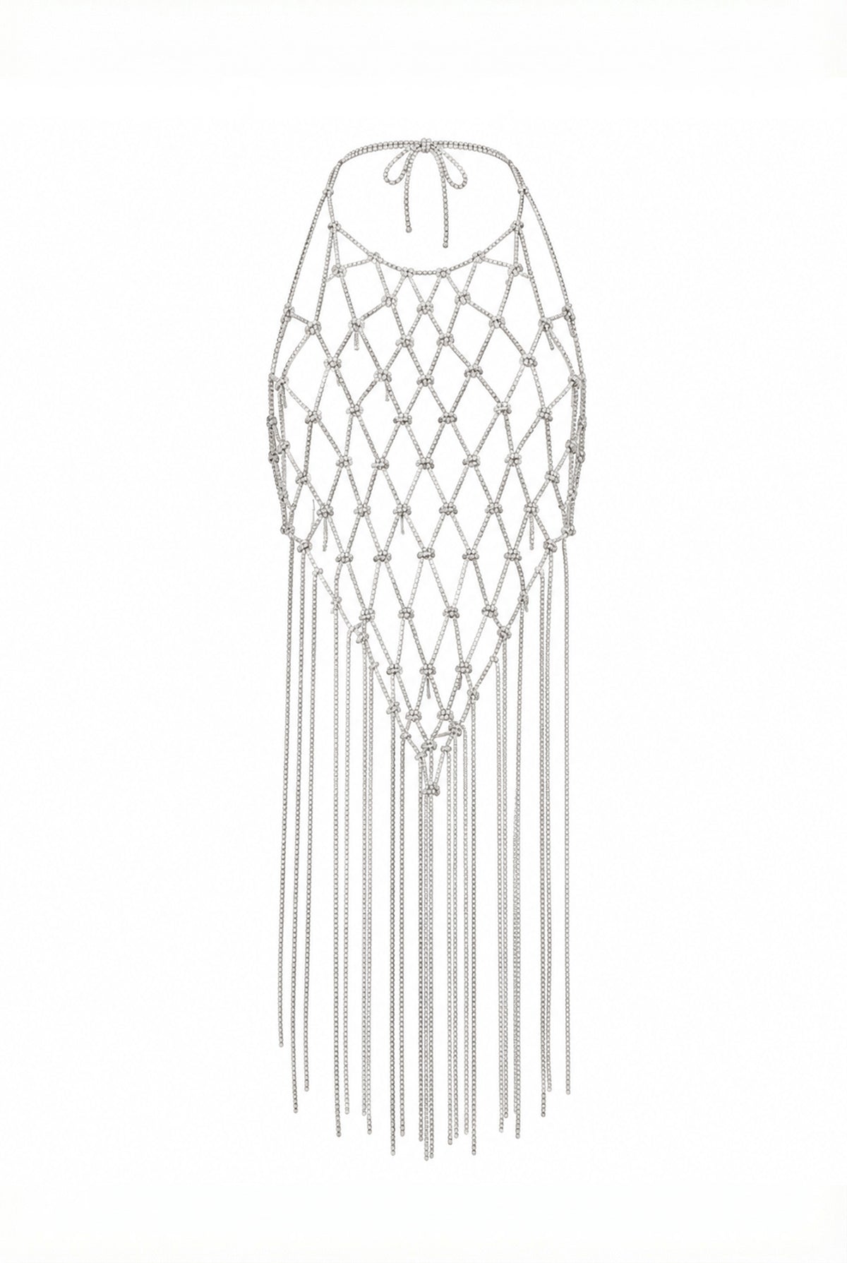 Silver rhinestone chain mesh top with halter neckline and long dangling fringe.