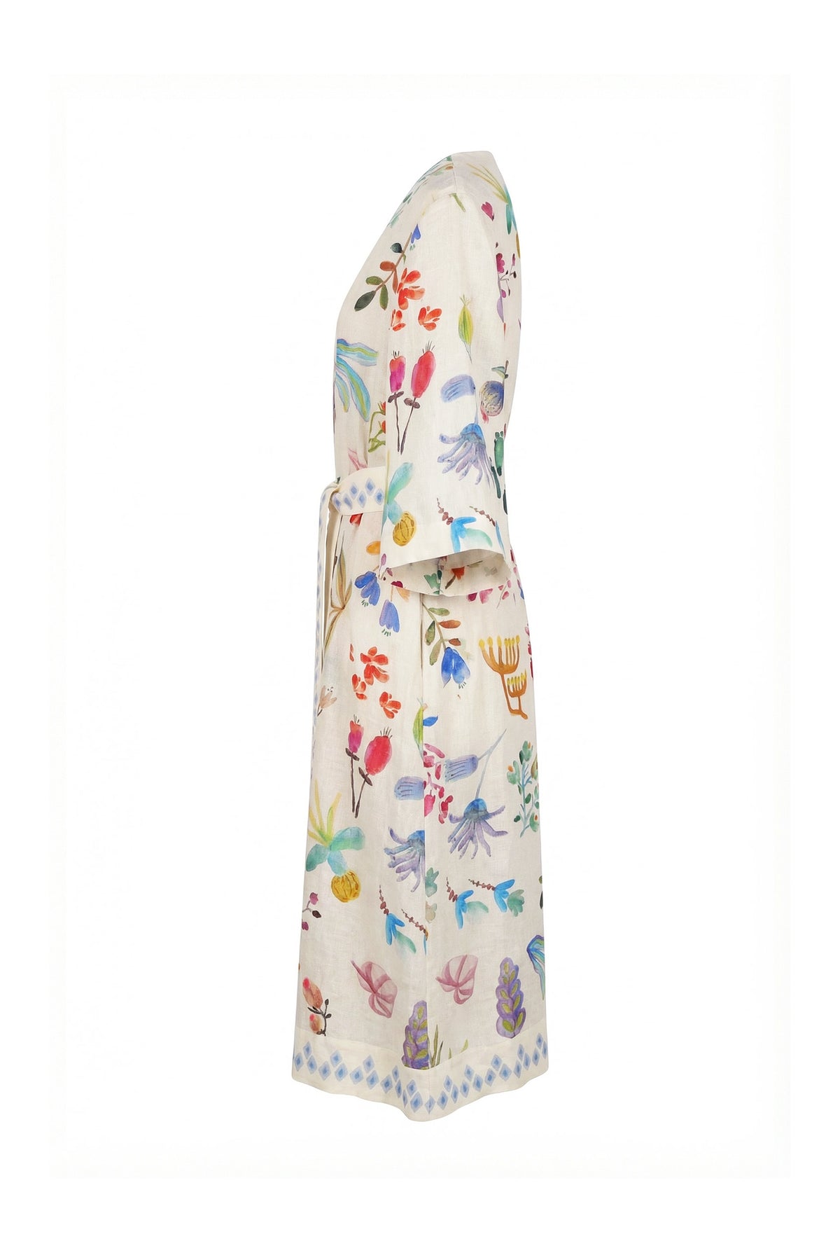 Cream kimono with colorful botanical print, wide sleeves and matching waist belt, side view.