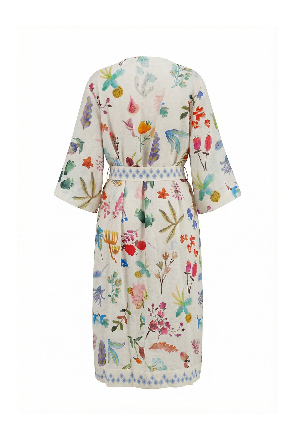 Cream kimono with colorful botanical print, wide sleeves and matching waist belt, back view.