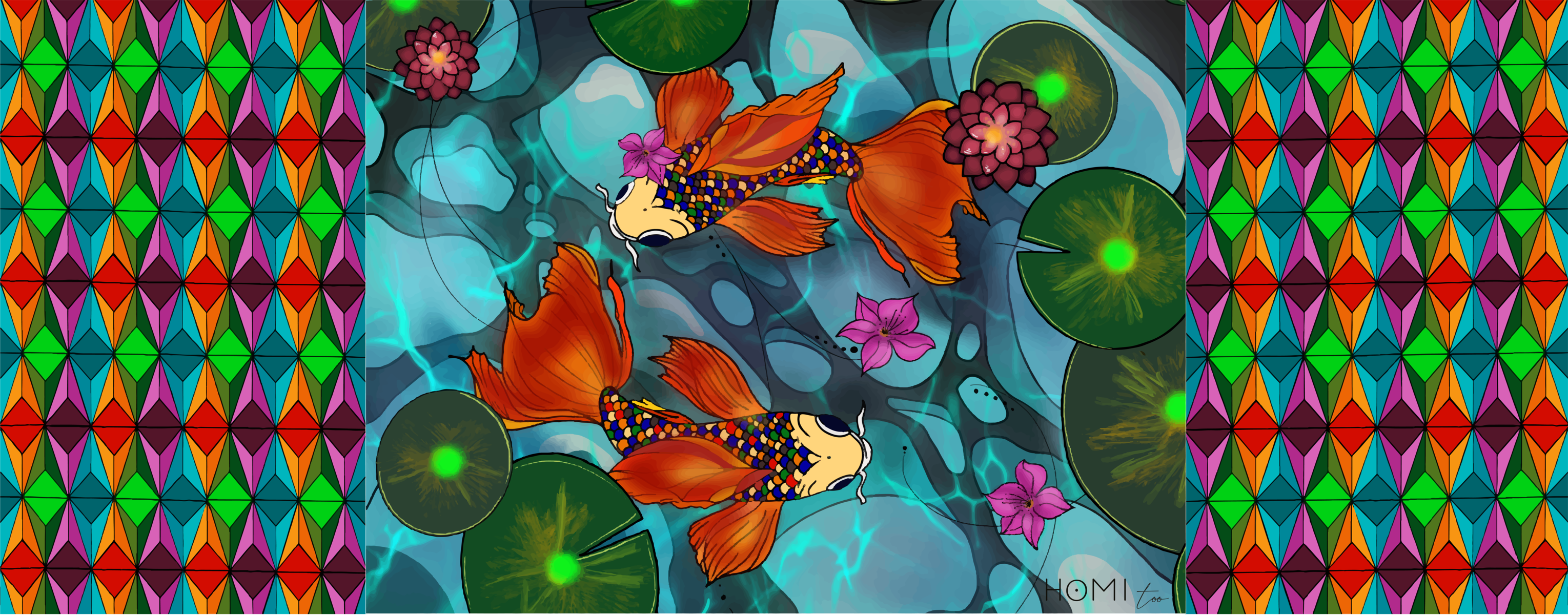 Elegant 70x180 cm scarf in 100% silk featuring a koi carp design, with flowing lines and intertwined colors creating a sense of movement and depth.