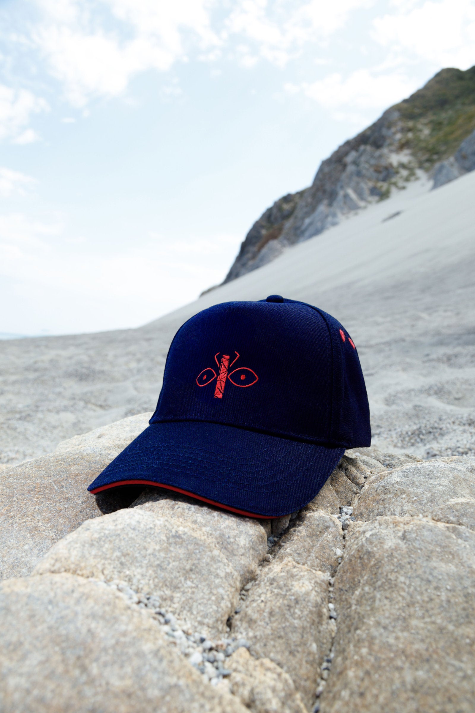Blue peaked cap with red embroidered logo on the front, versatile unisex accessory with modern style.
