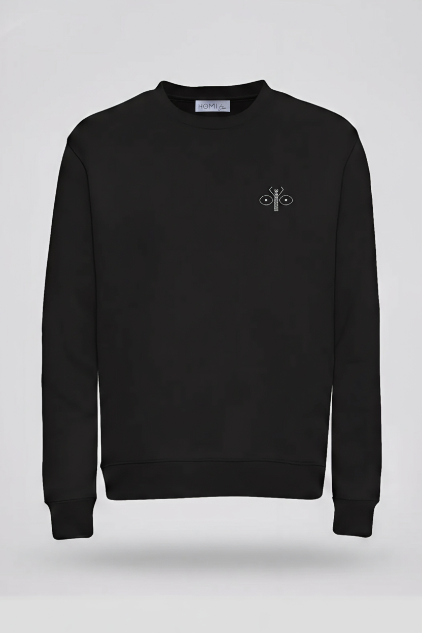Black sweatshirt with embroidered scarab logo on the left chest.