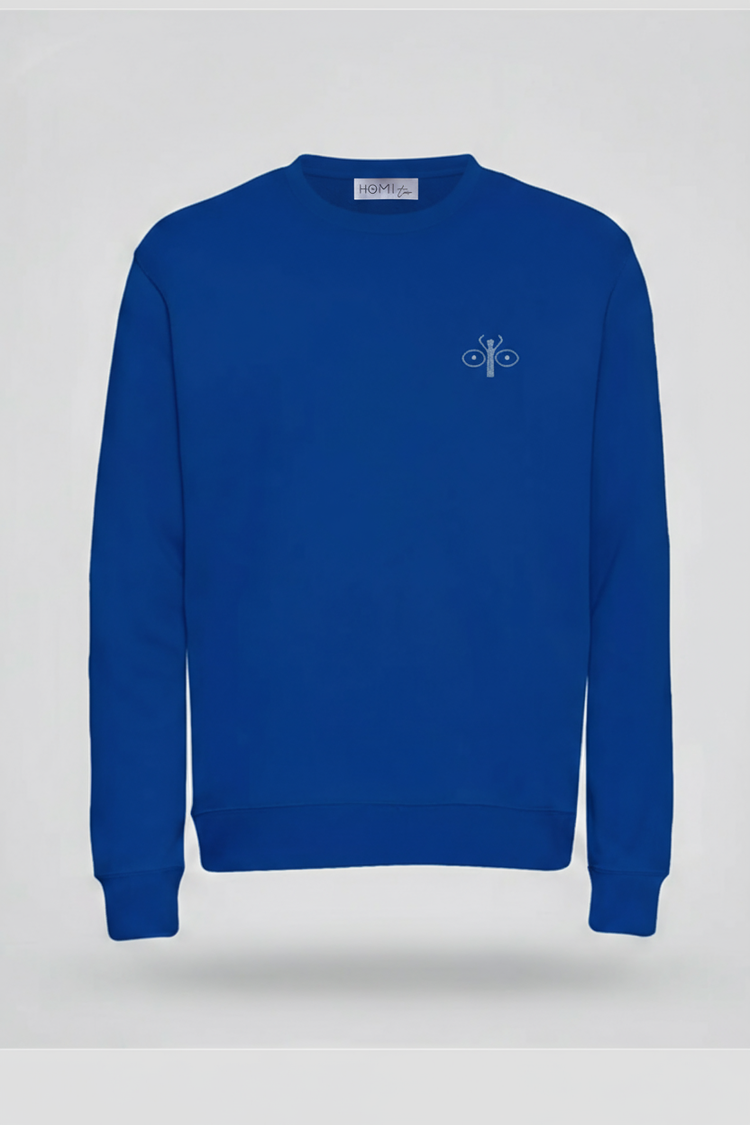 Blue sweatshirt with embroidered scarab logo on the left chest.