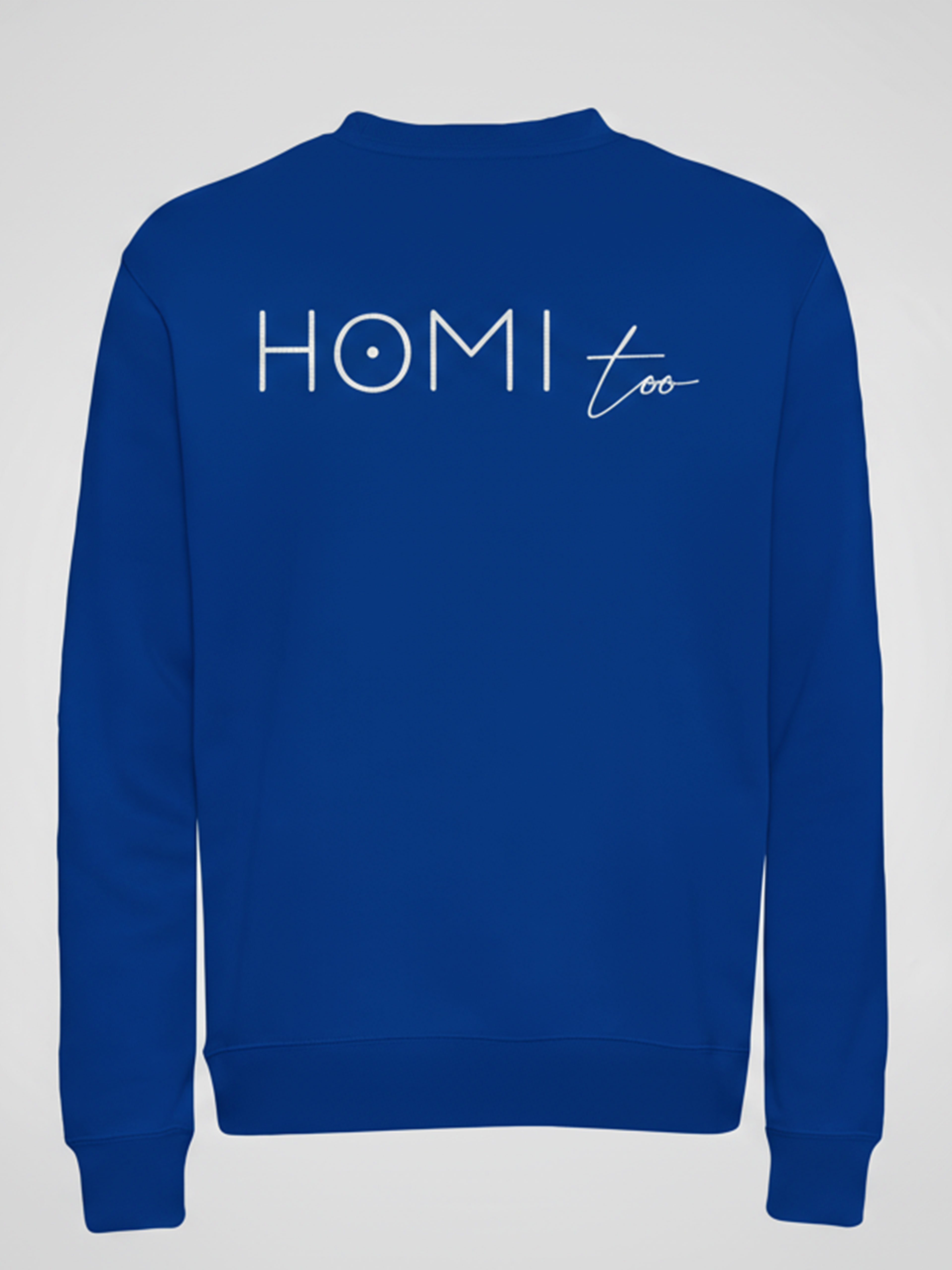 Blue sweatshirt with white HOMI TOO lettering printed on the back.