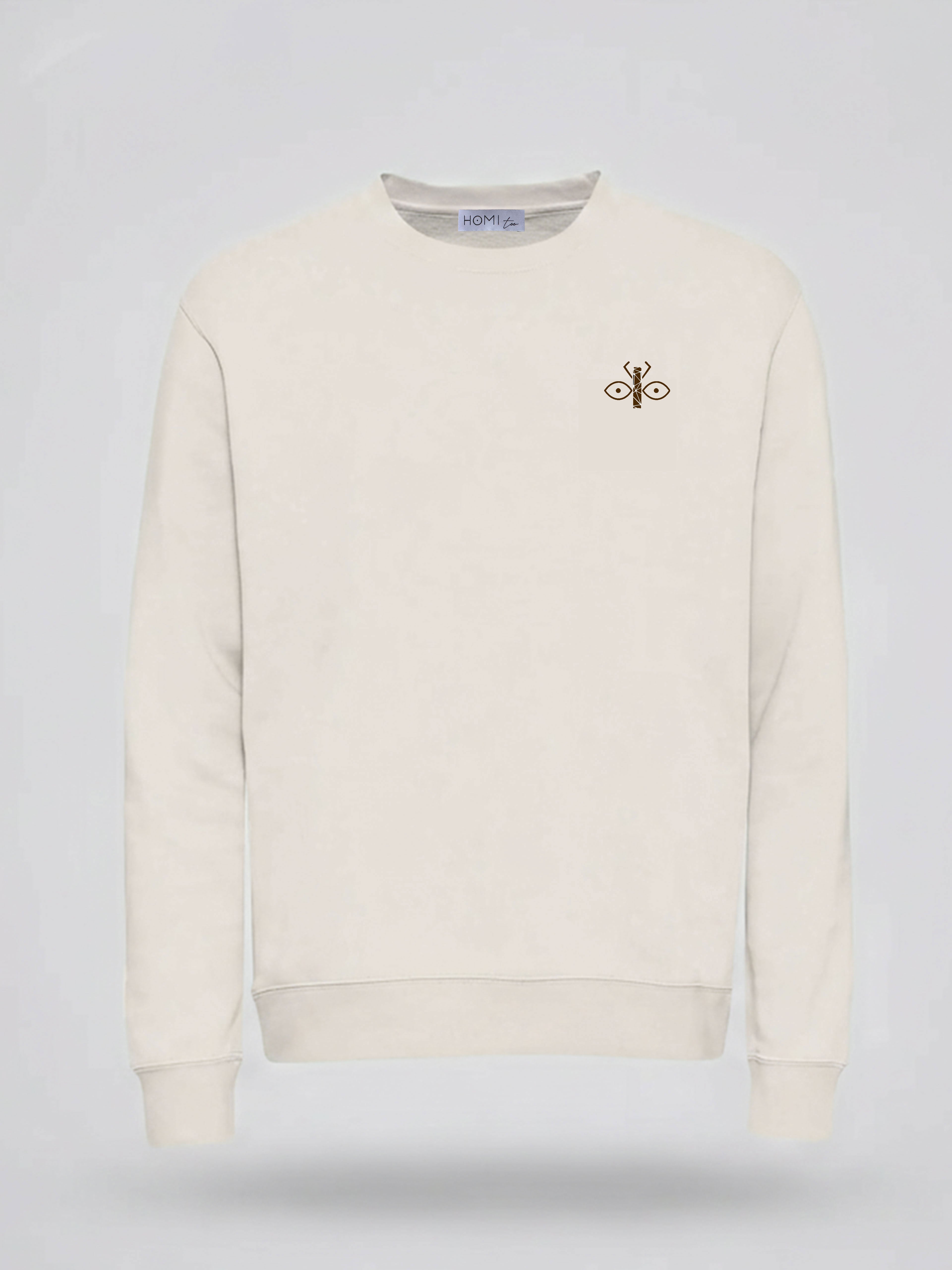 Light beige sweatshirt with brown embroidered scarab logo on the left chest.