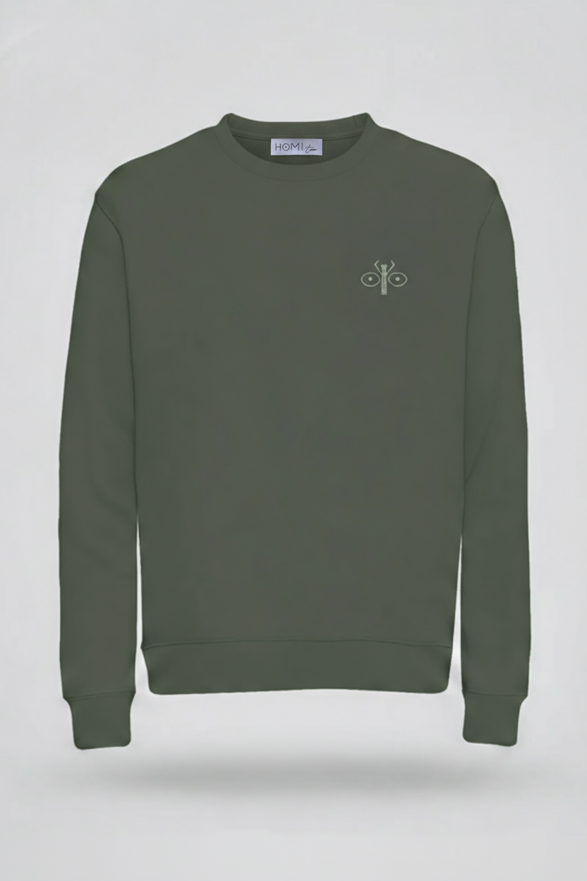 Olive green sweatshirt with embroidered scarab logo on the left chest.