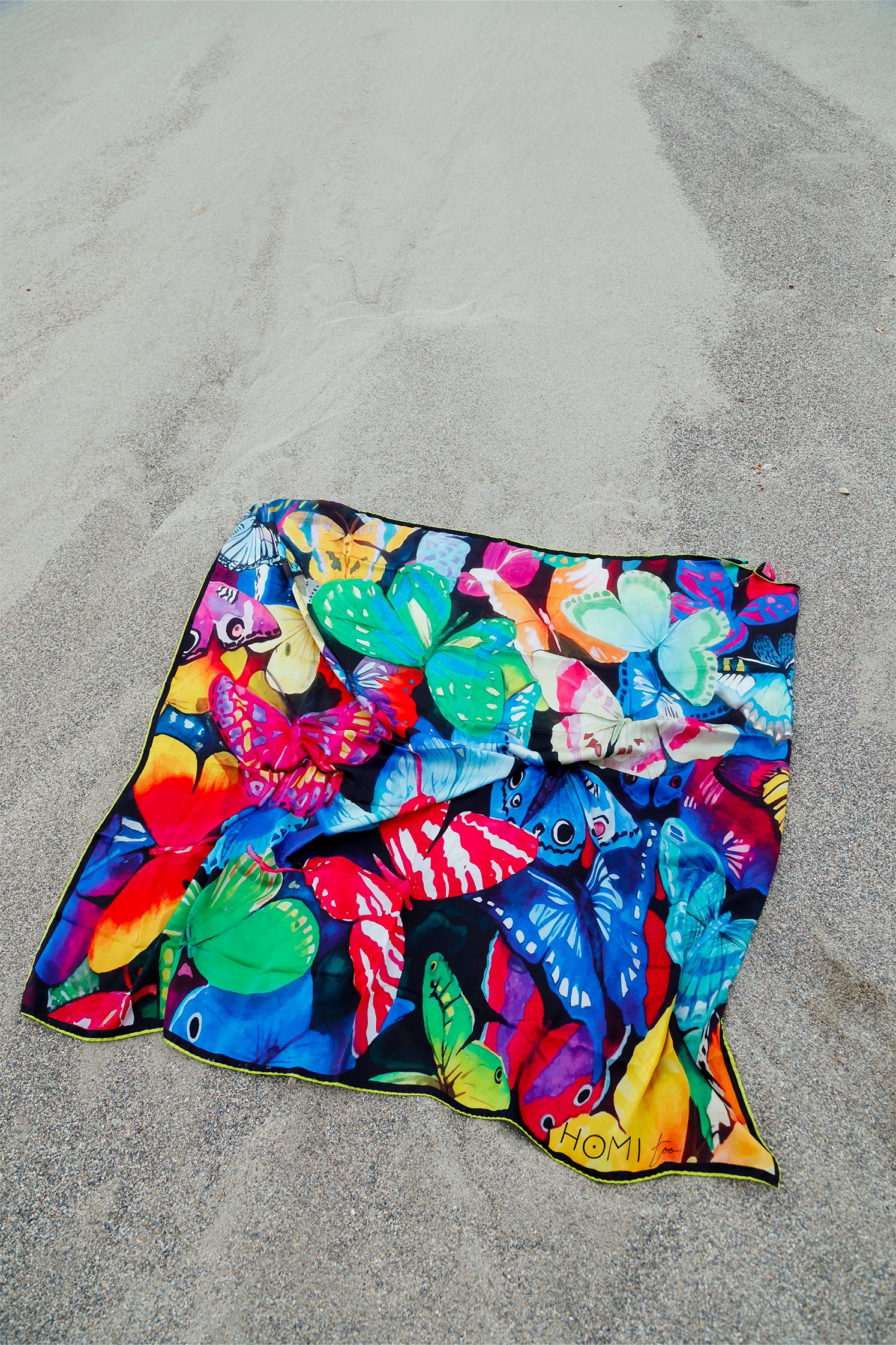 Pure silk scarf, 140x140 cm, featuring an artistic butterfly print with light brushstrokes and vibrant details.