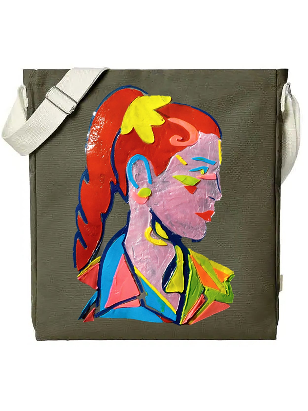 Olive green shopper bag made of soft fleece fabric featuring a hand-painted face print using an exclusive silicone and pigment technique, dimensions 40x65 cm.