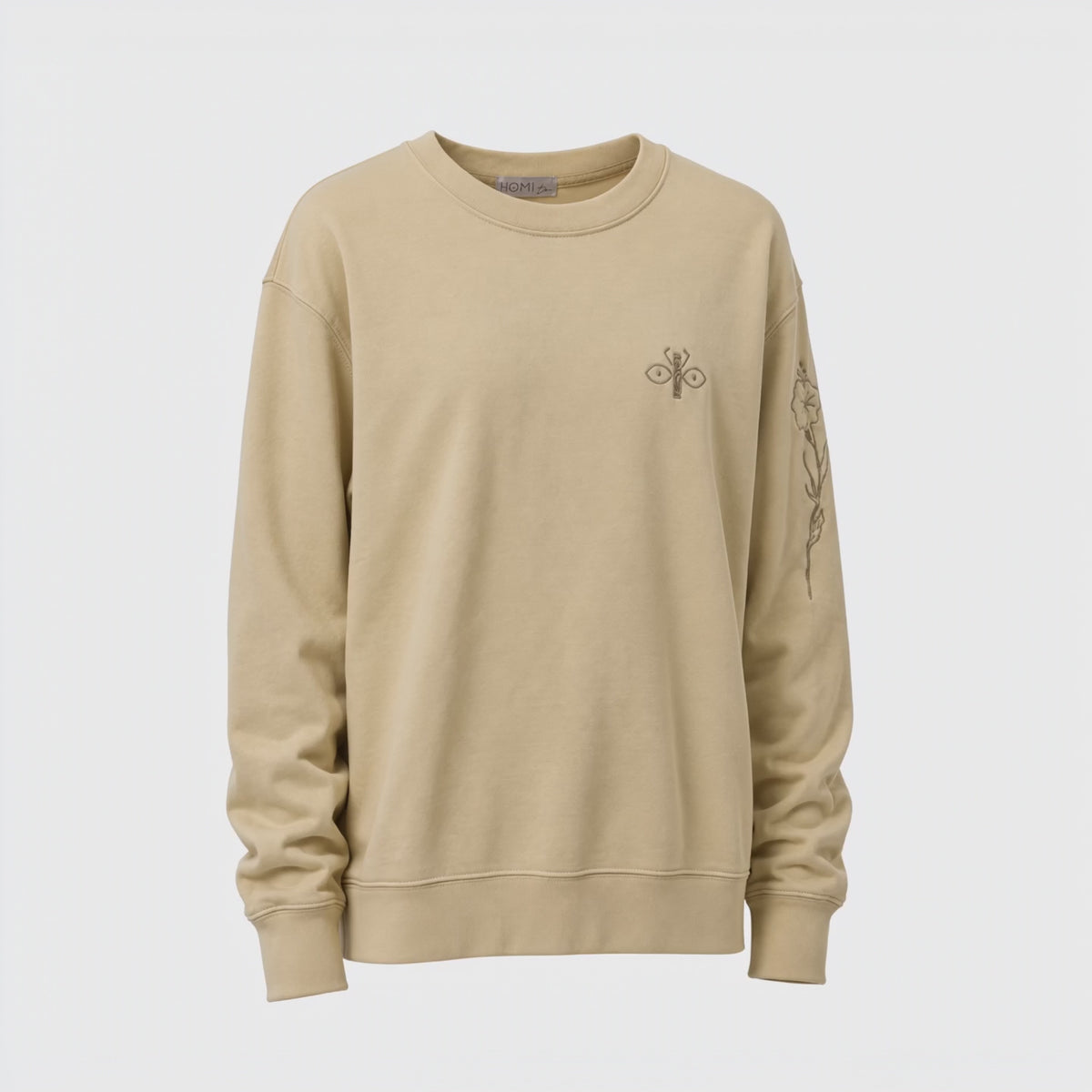 Beige oversized sweatshirt with embroidered floral details, 360° view.