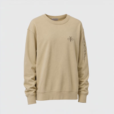 Beige oversized sweatshirt with embroidered floral details, 360° view.